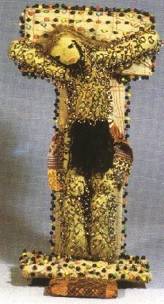 Crucifixion, fabric, wood, thread, beads