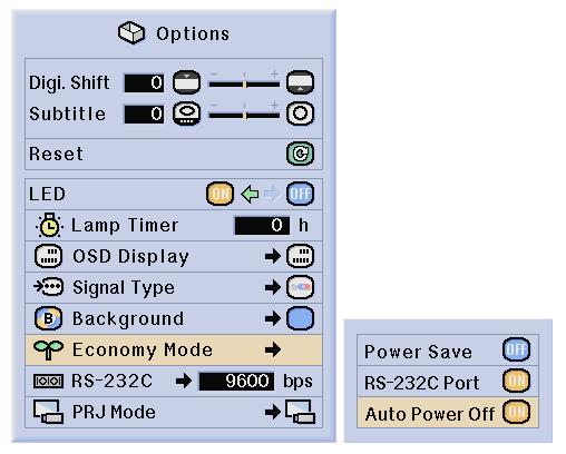 Selecting the Economy Mode Automatic Power Off Function Select Auto Power Off in Economy Mode under the Options menu on the menu screen. Auto Power Off is switched ON and OFF by pressing.