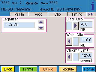 Use the Clip menu shown below to enable or disable the Legalizer circuitry on the module which allows adjustment the following parameters: Off for no Legalizer.