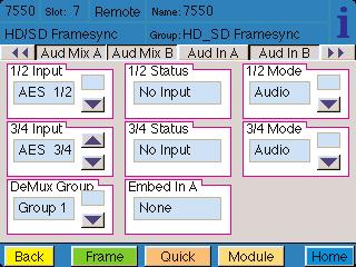 Use the Aud In A menu shown below for the 8415 to adjust the following parameters: 1/2 Input select the input audio source for Input 1/2. 3/4 Input select the input audio source for Input 3/4.