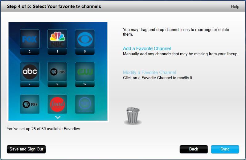 The Manage Favorite Channels page displays: Use this page to arrange your Favorites in the order you want to see them on your Harmony Ultimate screen.