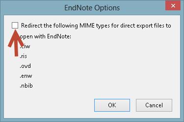Mark the box labeled Redirect the following MIME types for direct export files to open with EndNote: if you want the results to be sent to EndNote online.