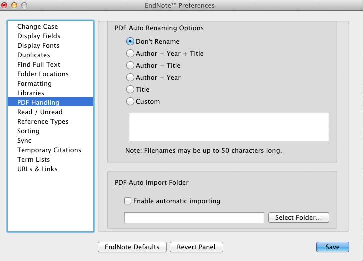 Click the PDF Handling option in the preferences panel to see the window below. Here you can set automatic renaming options for PDFs you import or set a watched automatic importing folder.
