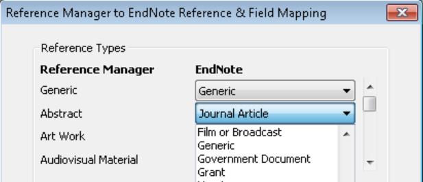 If you have selected to customize your conversion, in the top half of the field mapping window you can select the EndNote reference type that each Reference Manager reference type will import as.