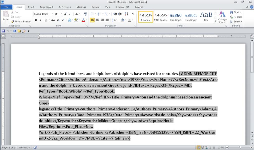 3.1.3 Converting Word Documents with Reference Manager Citations Although you normally would not see the codes shown here, what you see below is an example of the actual coding that is inserted into