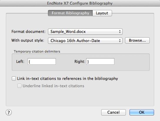 Changing these options using Word commands would not effect permanent changes; you must use the Configure Bibliography command to permanently change options such as font or line spacing in the