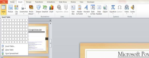 Microsoft PowerPoint Inserting Tables By selecting the Table icon on the PowerPoint slide or by selecting the Insert tab and the Table option, you