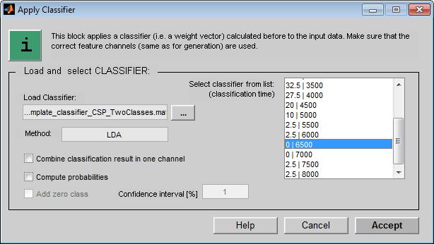 For running the model you need to load a classifier. If no own classifier is already created you can select a template file.