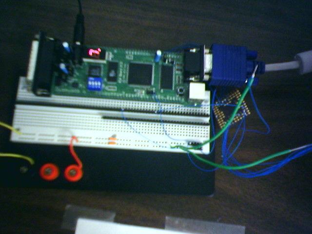 was subsequently tested by loading the file onto a Spartan II based XESS XSA board. This board had plenty of inputs, a VGA output and an adjustable oscillator.