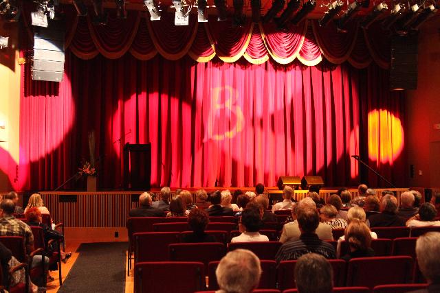 Stage Drapes: Main Curtain Centre Opening 14-6 h x 32-2 w manual pull SL 8 sec.