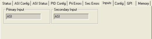 The Inputs menu displays the type of signal detected on the Primary and Secondary inputs. Primary Input displays the signal type detected on the Primary Input connector, ASI or No Input.