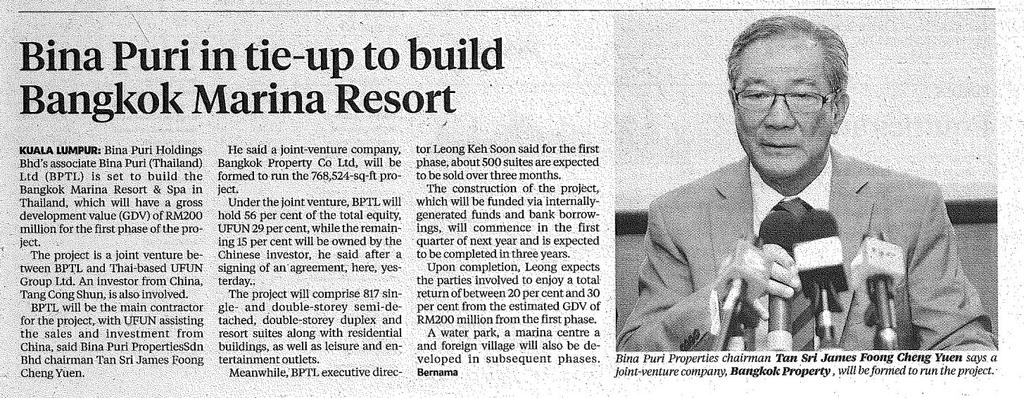 Newspaper : Business Times Title : Bina Puri in tie-up to build
