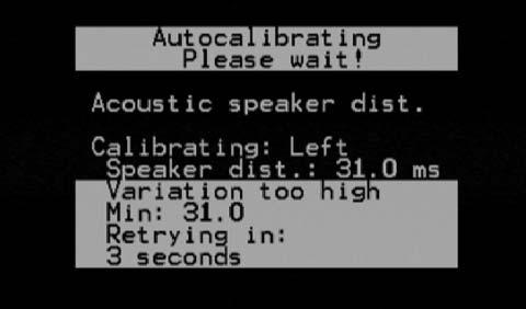 The auto dist(ance) setup will run 3 tests per speaker while measuring the distance. The screen shot here shows the auto calibration has just completed 1 of 3 tests on the Left main speaker.