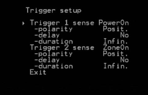 Trigger sense sets the event that launches triggering. There are several options, including power on/off of the Controller, different kinds of inputs to the Controller and activated Zone B.