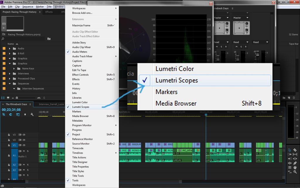 To access the video scopes in Adobe Premiere Pro (CC 2015 or later) there are two options. One, Select Window > Lumeitri Scopes. See image below.