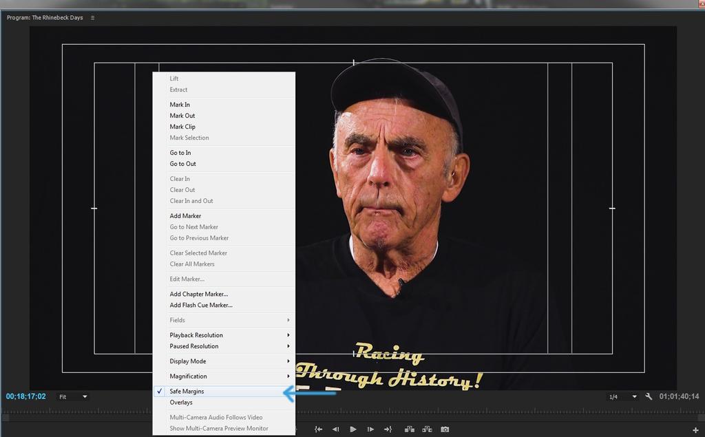 To access the safe title overlays in Adobe Premiere Pro, right click anywhere in the program monitor and select safe margins. See image below.