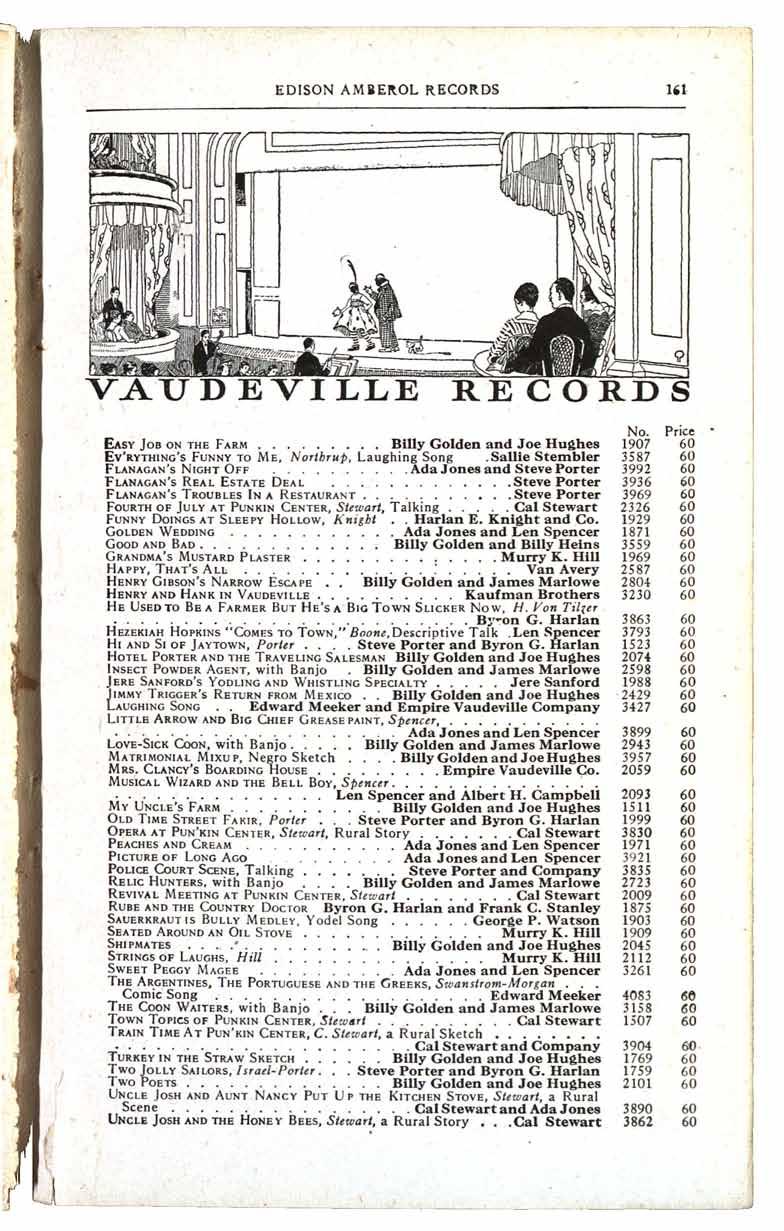 EDISON AMDEROL RECORDS VAUDEVILLE RECORDS No Price EASY JOB ON THE FARM Billy Golden and Joe Hughes 1907 EV'RYTHING'S FUNNY TO ME, Northrup, Laughing Song Stembler 3587 FLANAGAN'S NIGHT OFF Sallie