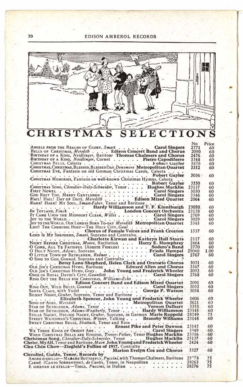 EDISON AMBEROL RECORDS CHRISTMAS SELECTIONS No Price ANGELS FROM THE REALMS OF GLORY, Smart Carol Singers 2771 BELLS OF CHRISTMAS, Meredith Edison Concert Band and Chorus 2090 BIRTHDAY OF A KING,