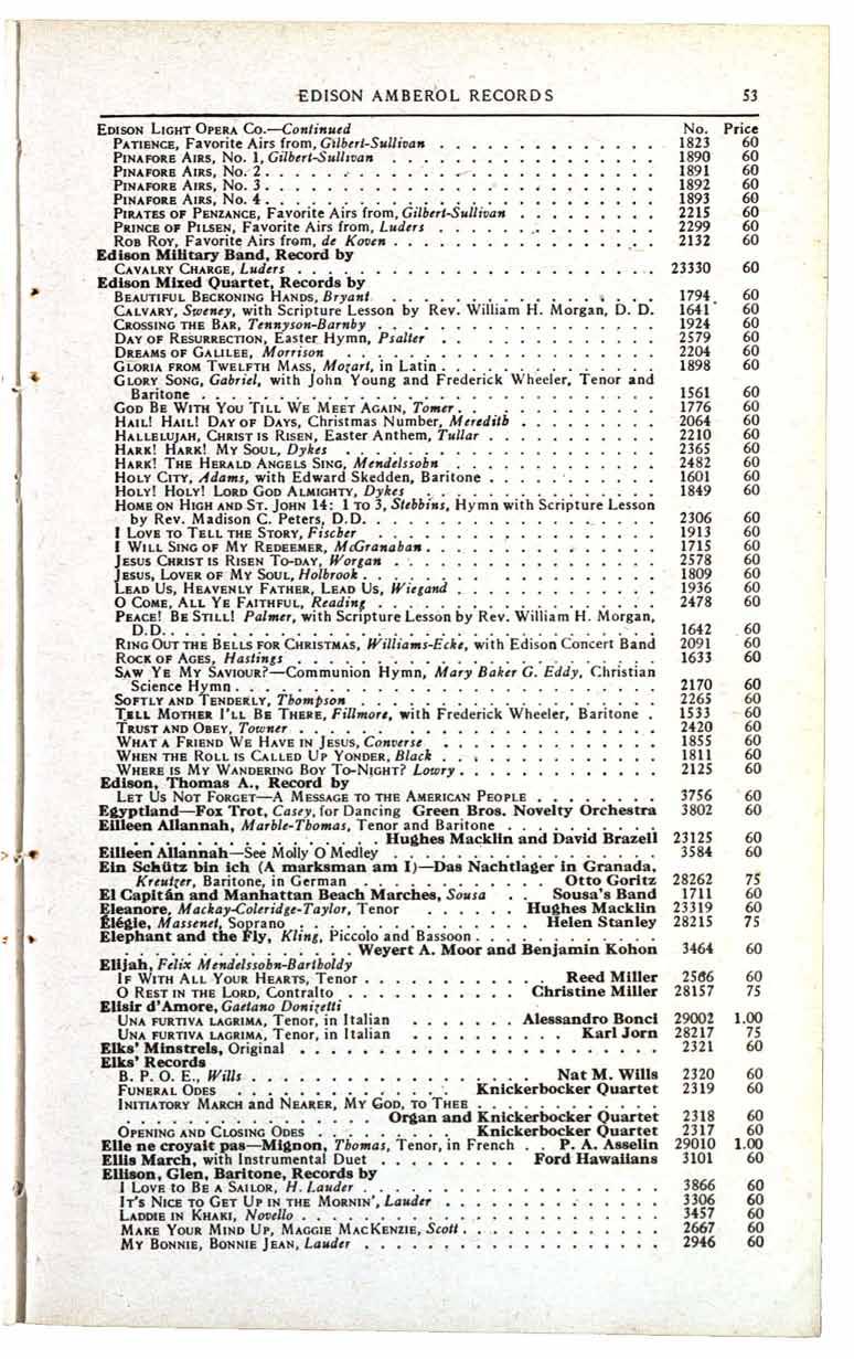 EDISON AMBEROL RECORDS 53 EDISON LIGHT OPERA CO-Continued No Price PATIENCE, Favorite Airs from, Gilbert-Sullivan 1823 PINAFORE AIRS, No 1, Gilbert-Sullivan 1890 PINAFORE AIRS, No 2 1891 PINAFORE