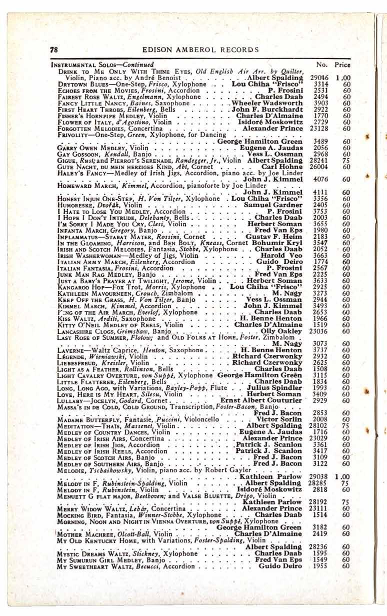 78 EDISON AMBEROL RECORDS INSTRUMENTAL SOLOS-Continued No Price DRINK TO ME ONLY WITH THINE EYES, Old English Air Arr by Quilter, Violin, Piano acc by Andre Benoist Spalding 29046 100 Albert DRYTOWN