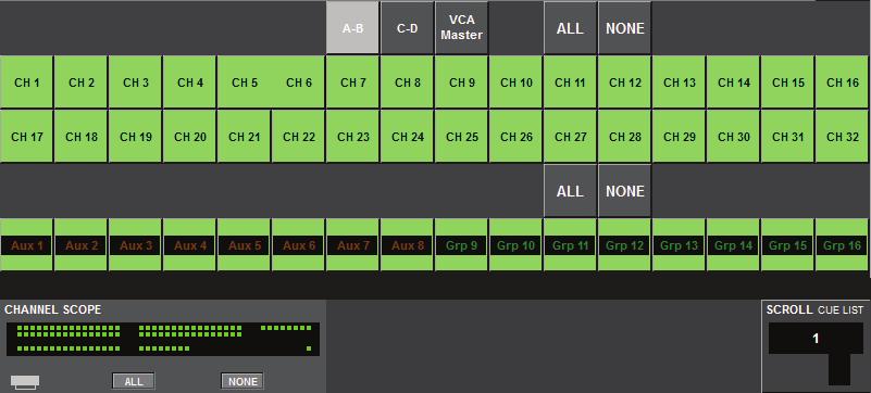 The <ALL> and <NONE> buttons in the VST section allow quick setting and clearing of all channels, busses and VCA masters, without opening the sub-page.