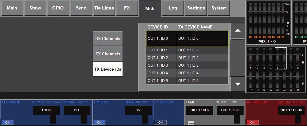 Main Menu MIDI page open & Transmit Device IDs list selected Showing the Device List with the Transmit Device IDs button selected.