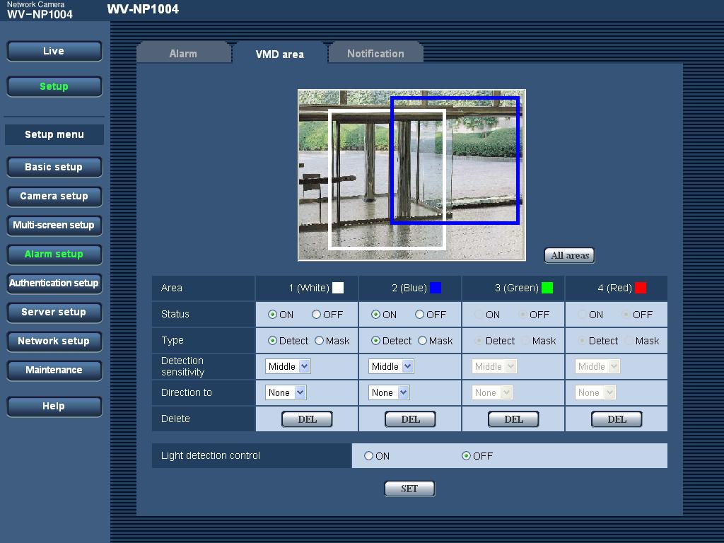 Set the VMD areas [VMD area] Click the [VMD area] tab on the "Alarm setup" page. ( page 30) The video motion detection areas can be set on this page.