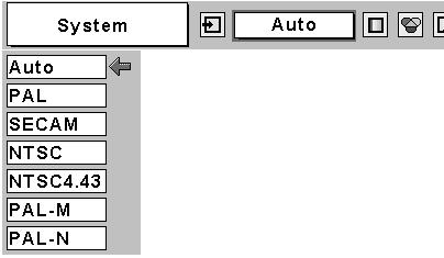 Video Input Video System Selection 1 Press the MENU button and the On-Screen Menu will appear. Press the Point 7 8 button to move the red frame pointer to the AV System Menu icon.