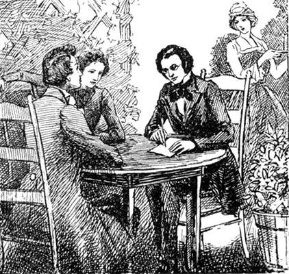 Wherever he was Franz was thinking music and composing it. Once he wrote a song called The Serenade at a table outside an inn. An artist has made a picture of this. SCHUBERT WRITING "THE SERENADE.