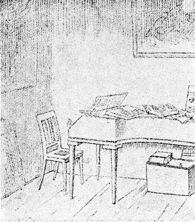 SCHUBERT'S WORK ROOM. See what a simple work room Schubert had. Here are his Clavier and chair and a few books.