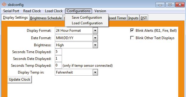 sbdconfig - Task Bar (ctd.) Read Clock If a user has a previously configured clock and connects it to a computer, this option will read and upload the settings to the sbdconfig software program.