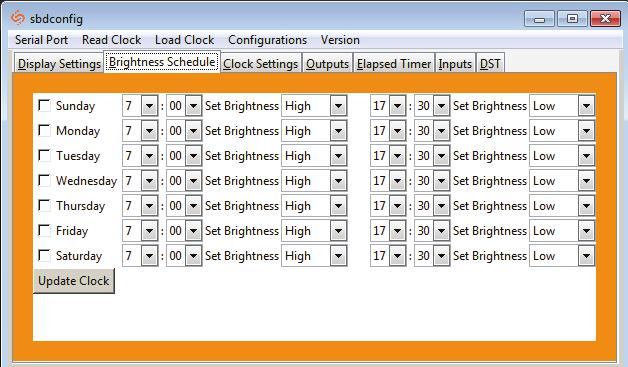 sbdconfig - Brightness Schedule 2 1 5 3 4 1. Clicking on the Brightness Schedule tab allows a user to establish a Brightness Schedule for the digital clock(s). 2. Date Column - Allows the user to select dates where changes to the brightness schedule are active.