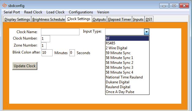 sbdconfig - Clock Settings 1 2 3 4 5 6 Clicking on the Clock Settings tab will allow a user to program the following settings: 1.