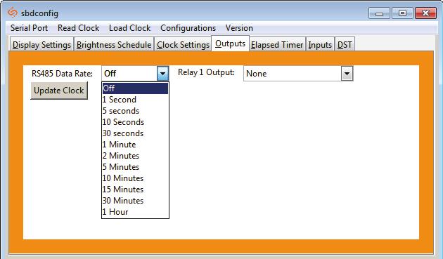 sbdconfig - Outputs Clicking on the Outputs tab will allow a user to program the following settings: RS485 Data Rate: This option determines how often data (time and date) is sent to the clock(s) or