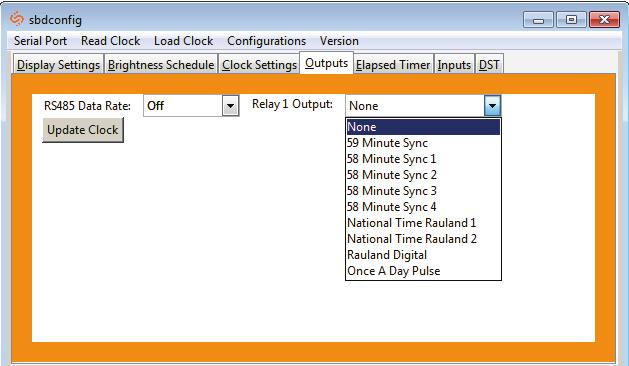 Relay 1 Output: This option allows a user to choose the time sync the clock uses to correct other time keeping devices, such as paging systems, an existing master clock, or other devices manufactured