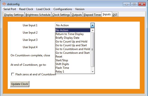 sbdconfig - Inputs The Inputs tab allows a user to program the clock to perform a certain function through a switch or relay contact closure from an outside device such as Code Blue, Nurses Call, etc.