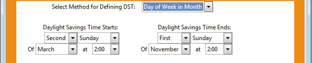 Day of Month: When this option is selected, Daylight Saving Time can be set based on what date and time it begins and ends.