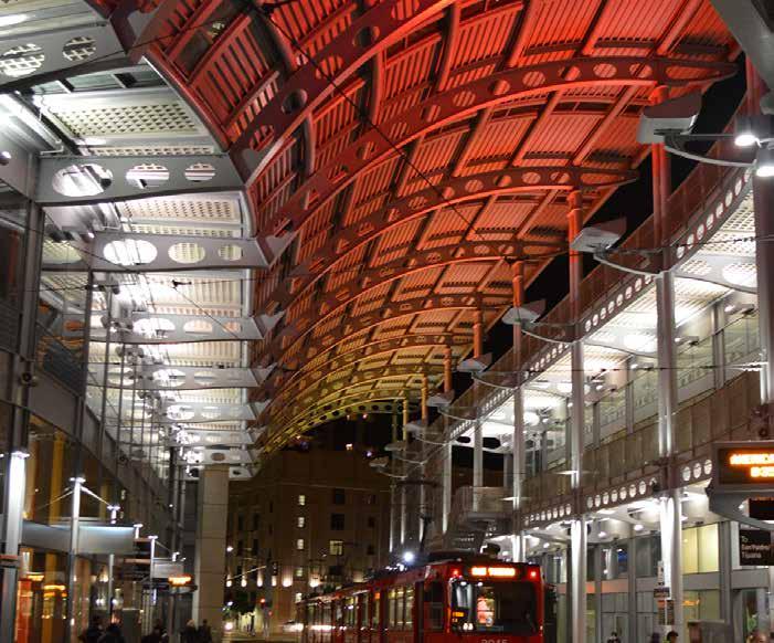 Blast gen4 Showcase Example 1 Revitalizing a High-Profile Public Space with Canopy Lighting The San Diego Trolley Station at One America Plaza features a stunningly illuminated canopy of steel
