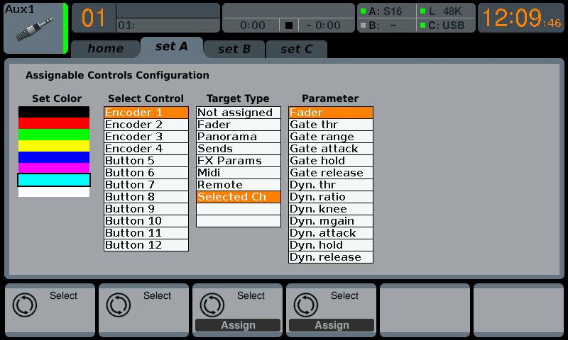 64 X32 DIGITAL MIXER Preliminary User Manual 7.12.2 Assign Screen: Set A Tab The Set A tab allows mapping of specific console parameters to the 8 assignable buttons and 4 assignable rotary encoders.