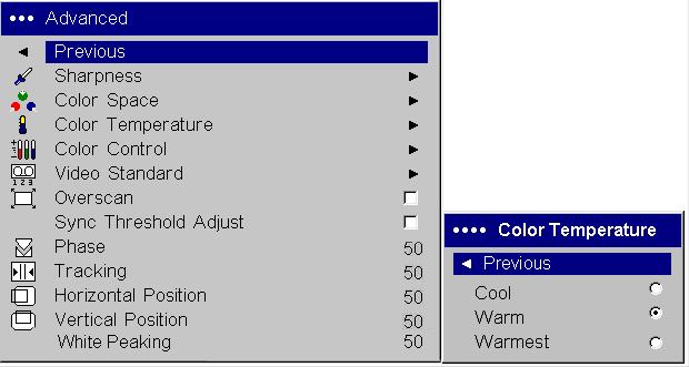 To choose a different setting, turn off Auto, then choose RGB for computer sources, choose either REC709 or REC601 for component video sources. Color Temperature: changes the intensity of the colors.