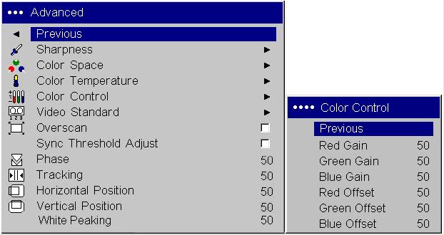 Color Control: allows you to individually adjust the gain (relative warmth of the color) and the offset (the amount of black in the color) of the red, green, and blue colors.