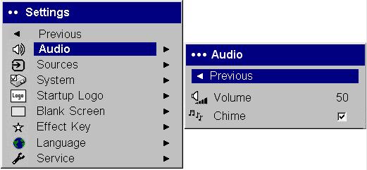 Settings menu Audio: allows adjustments to Volume of the internal speaker and allows a chime to play when starting the projector.
