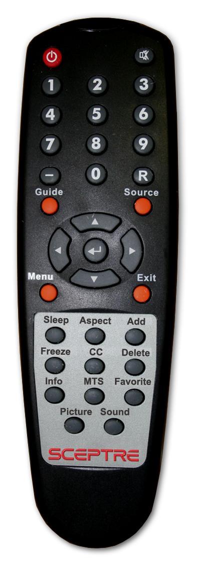 SCEPTRE X23 Remote Control For universal remotes, this TV follows SONY s universal remote code. POWER Turns the TV on or off. MUTE Mutes the TV s audio. 0~9 Sets the channels.