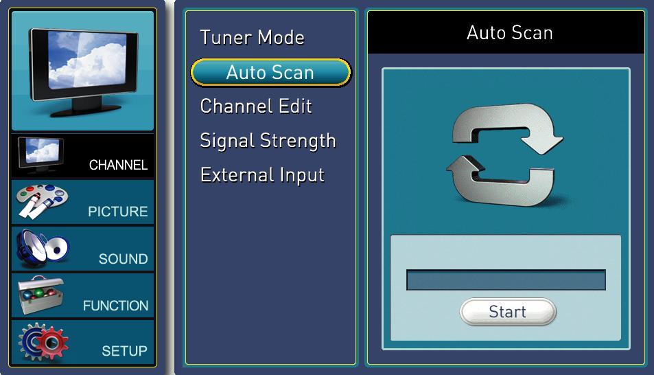 AUTO SCAN This function scans all the channels available from the ATSC/NTSC port. 1. Press MENU to open the OSD and highlight CHANNEL. 2. Press or to move to the functions and highlight TUNER MODE. 3.