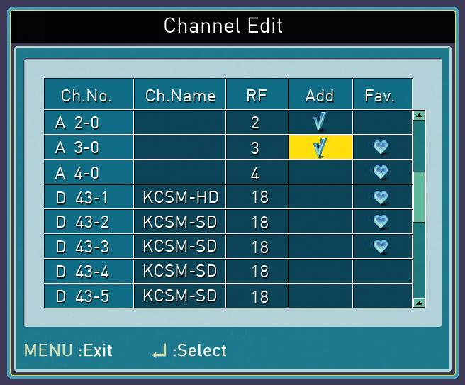 5. You will be able to edit the channels by either deleting the channel or adding the channel to the favorites list. a. You can delete the channel by removing the from the ADD column. i.