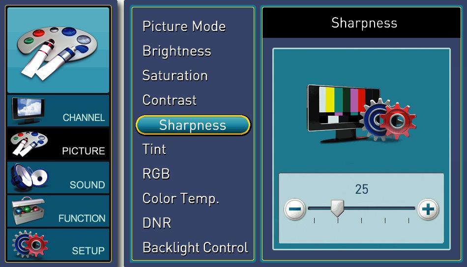 SHARPNESS This function adjusts how sharp objects in your pictures are. 1. Press MENU to open the OSD and highlight PICTURE by pressing the button. 2.