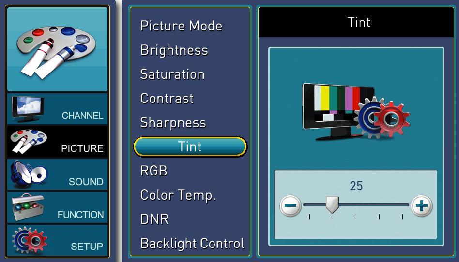 TINT This function adjusts your picture s overall color with everything looking green on one end and everything looking