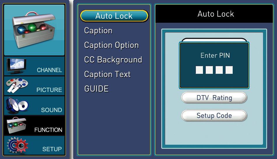 Function Main Option This option allows users to turn on TV program filters for children, and also closed captioning support options. To use this option you will need to enter in the password first.