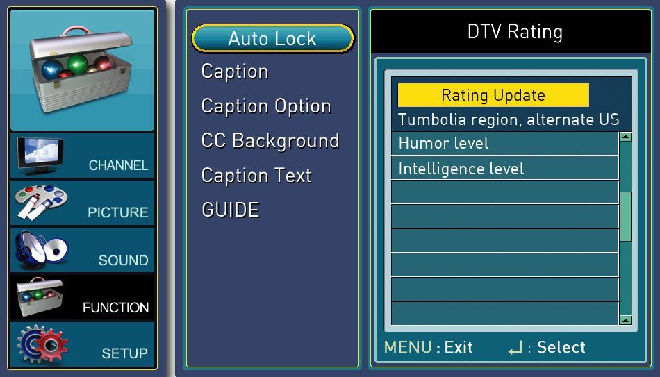 4. DTV RATING This subfunction gathers all digital channels s programming rating. a. Press MENU to open the OSD and highlight FUNCTION by pressing the button. b. Press or to select the functions and highlight AUTO LOCK.