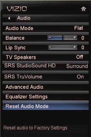 5 ADJUSTING THE AUDIO SETTINGS To adjust the audio settings: 1. Press the MENU button on the remote. The on-screen menu is 2. Use the Arrow buttons on the remote to highlight Audio and press OK.